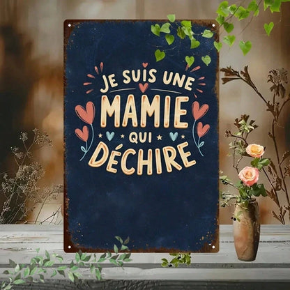 Vintage French Je Suis Une Super Grand-Mre Metal Sign, Retro Heart Pattern Tin Plaque - view 2