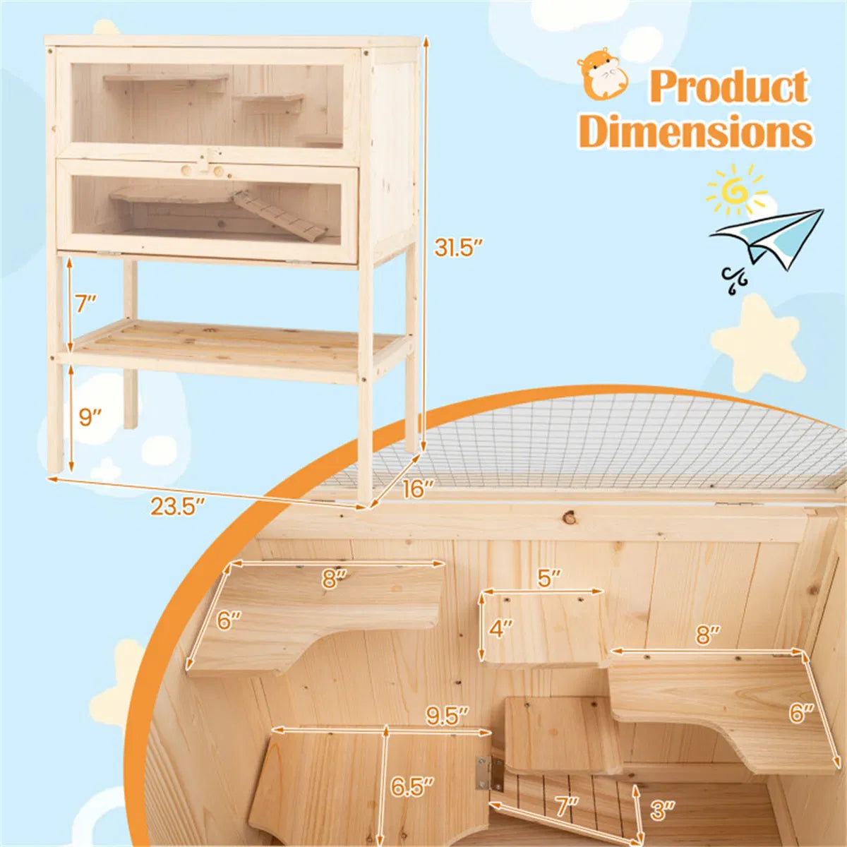 31.5 " Fir Wood Hamster Cage with Flip Mesh Roof, Multi-Level Activity Areas & Bottom Storage Shelf - view 5