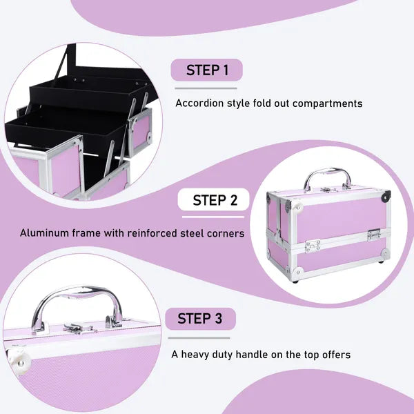 SM-2176 Aluminum Makeup Train Case Jewelry Box Cosmetic Organizer With Mirror 9' x6' x6' Pink - view 4