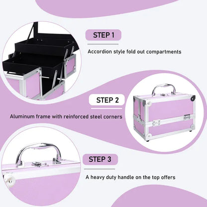 SM-2176 Aluminum Makeup Train Case Jewelry Box Cosmetic Organizer With Mirror 9' x6' x6' Pink - view 4
