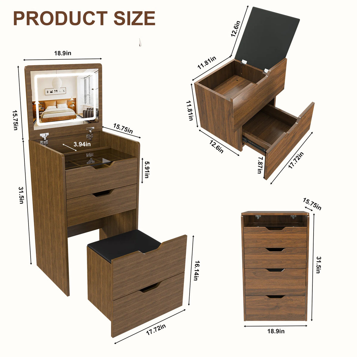 3-in-1 Vanity Desk with Lighted Mirror & Stool, Flip Top Makeup Dressing Table, Compact Storage for Bedroom, Bathroom - view 7