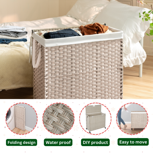 Laundry Hamper With Lid PE Rattan Powder Coating Frame Clothes Hampers With 02 Removable Bags, Wheels, 160L, Gray Color - view 6