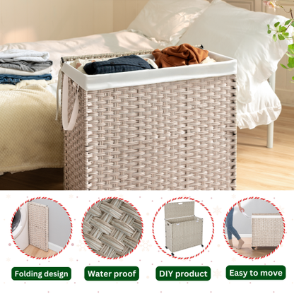 Laundry Hamper With Lid PE Rattan Powder Coating Frame Clothes Hampers With 02 Removable Bags, Wheels, 160L, Gray Color - view 6