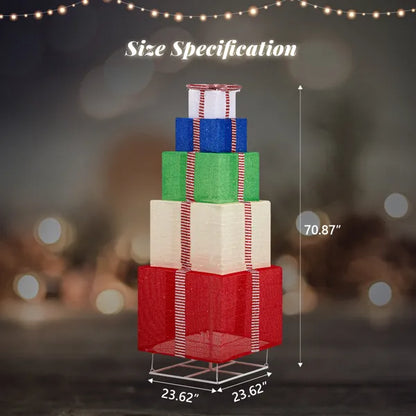 6FT Lighted Gift Box Tower, Pre-lit Pull Up Present Boxes with 200 LED Warm White Lights and Ropes Stakes for Christmas
