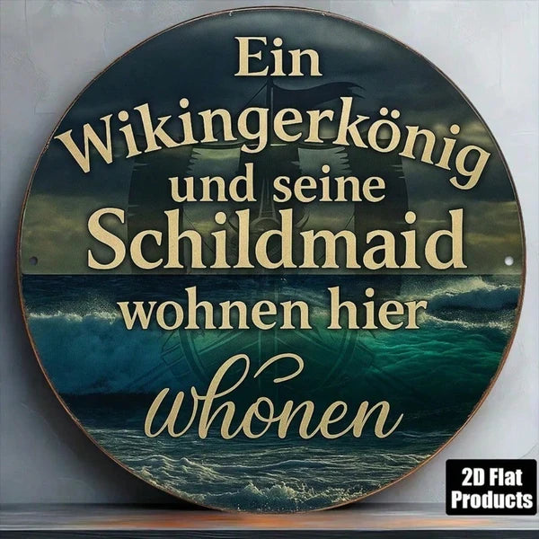 Viking King & Shield Maiden Wall Plaque 8 Inch Round Norse Medieval Aluminum Sign