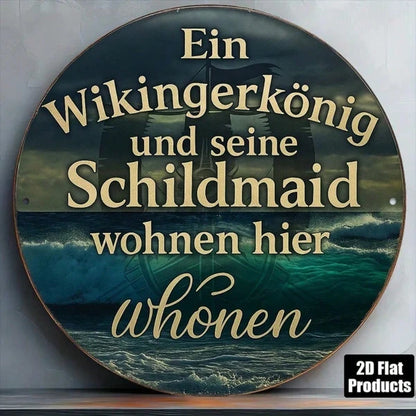 Viking King & Shield Maiden Wall Plaque 8 Inch Round Norse Medieval Aluminum Sign