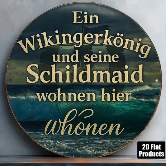 Viking King & Shield Maiden Wall Plaque 8 Inch Round Norse Medieval Aluminum Sign