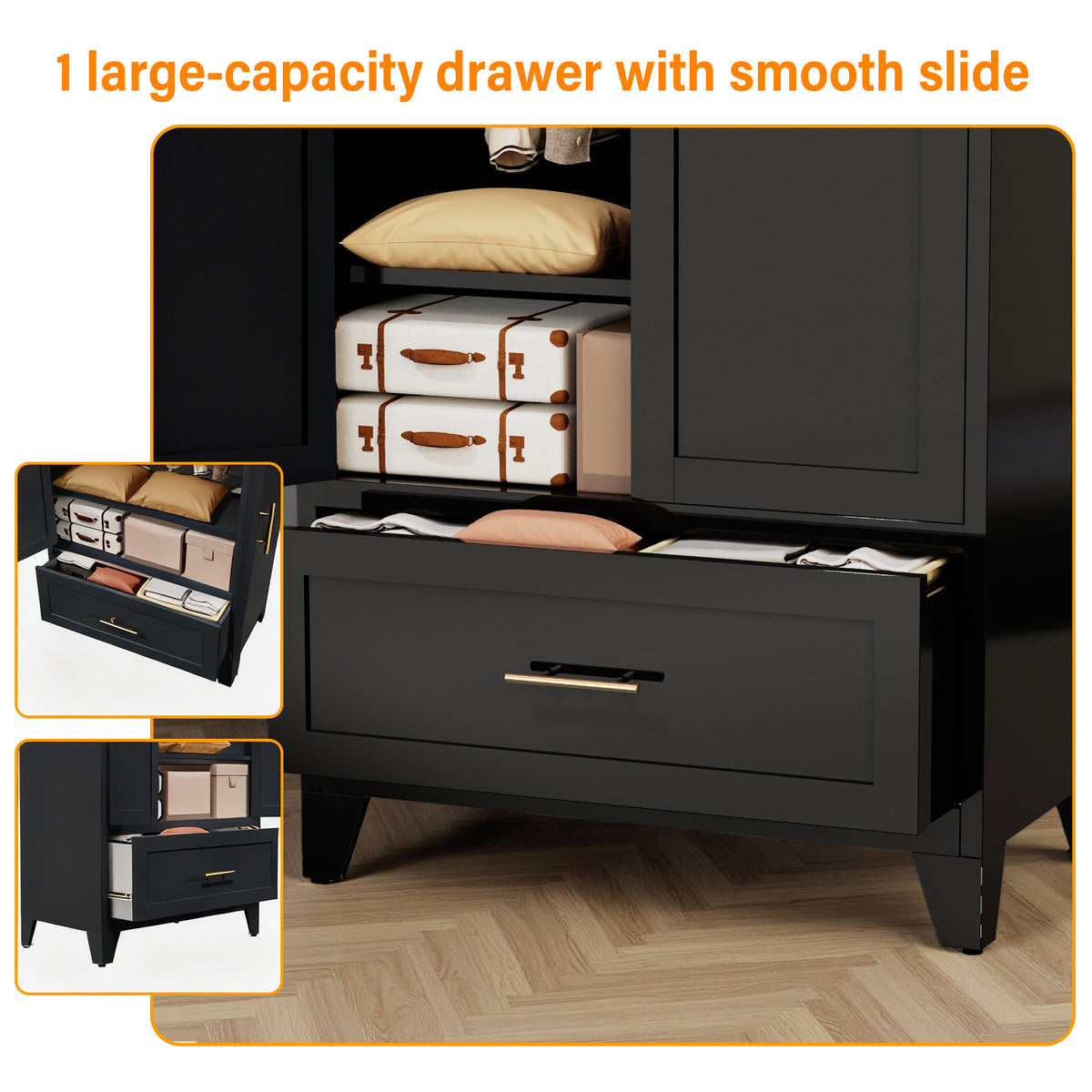 60inch Tall Metal Wardrobe Cabinet With 1 Drawer And Hanging Rod, 2 Doors Wardrobe Closet With Shelf For Bedroom - view 5