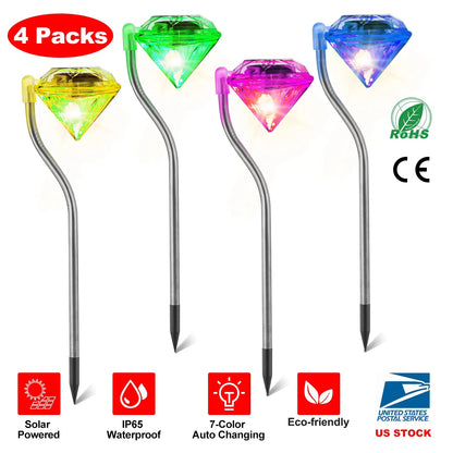 4Pcs Solar Garden Light Outdoor Diamond LED Light 7-Color Changing IP65 Waterproof Pathway Stake Decorative Lamp - view 2