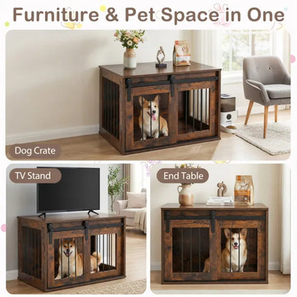 31.5" Dog Crate Furniture With Sliding Barn Door, Wooden Dog Kennel End Table For Indoor Use - Rustic Brown - view 4