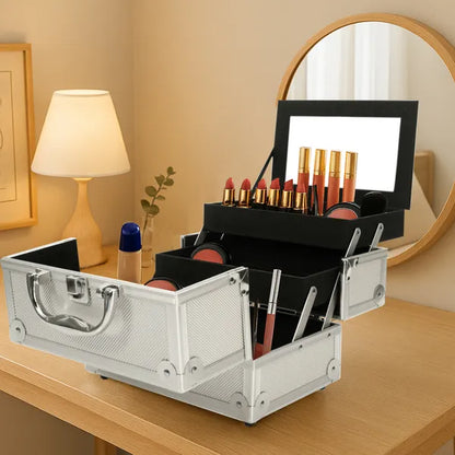 SM-2176 Aluminum Makeup Train Case Jewelry Box Cosmetic Organizer With Mirror 9' x6' x6' Silver - view 3