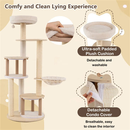 60 Inch Tall Wooden Cat Tree Multi-Level Cat Tower with Sisal Scratching Posts & Condos for Indoor Cats, Natural - view 6