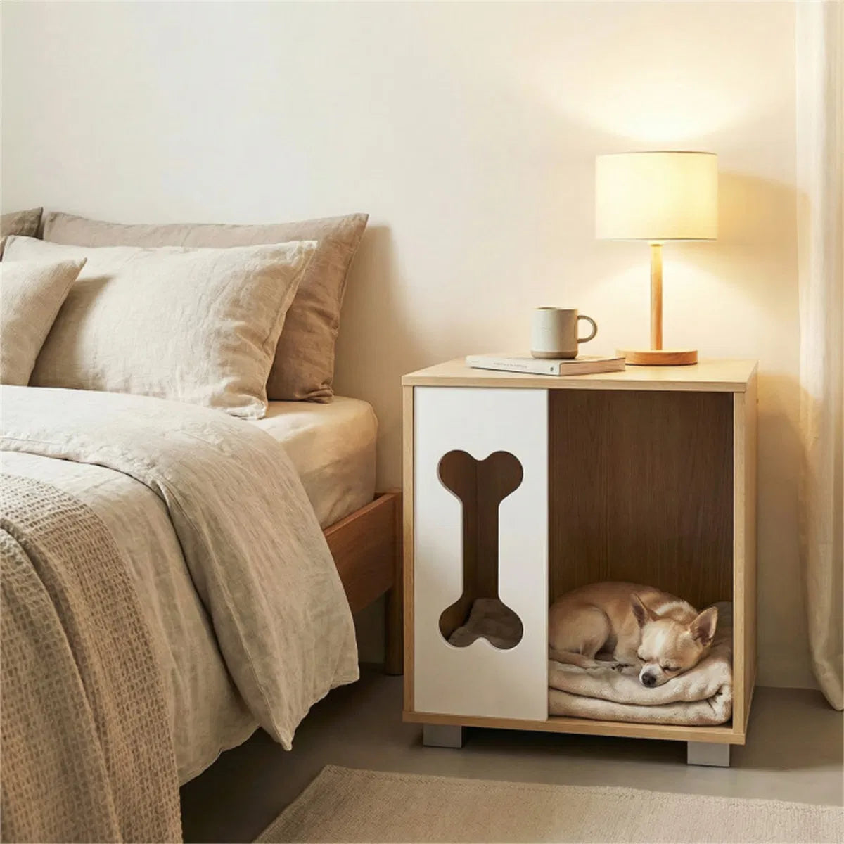 Cat Dog House Dog Bed Side Table Wooden Dog Condo with Bone-shape Window and Thick Metal Legs - view 8