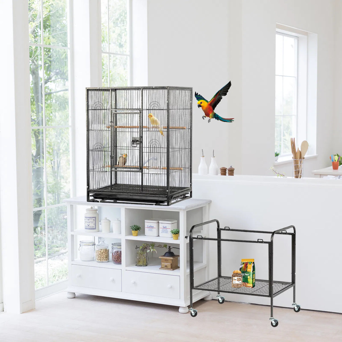 53" Large Flight Bird Cage with Rolling Stand & Storage Shelf for Parrots Lovebird Cockatiel Parakeets, Black - view 3