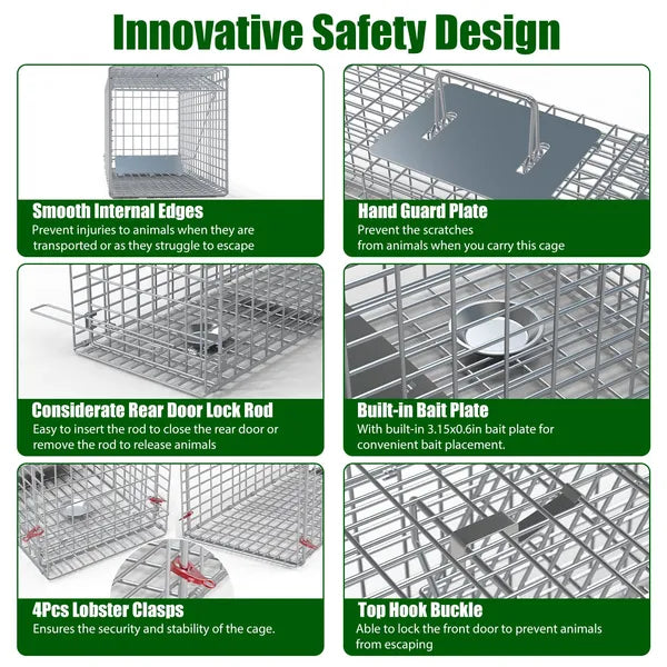 Live Animal Trap Cage 27x7.5x8in Folding Catch And Release Steel Humane Cat Trap For Racoons Stray Cats Rabbits Beavers - view 3