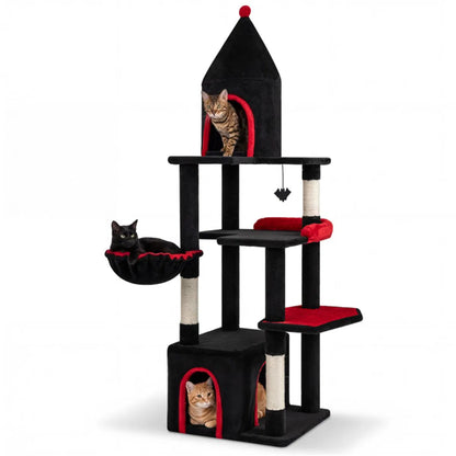 Gothic 5-Level Cat Tree 63" Tall with Sisal Scratching Posts Black Red Cat Tower