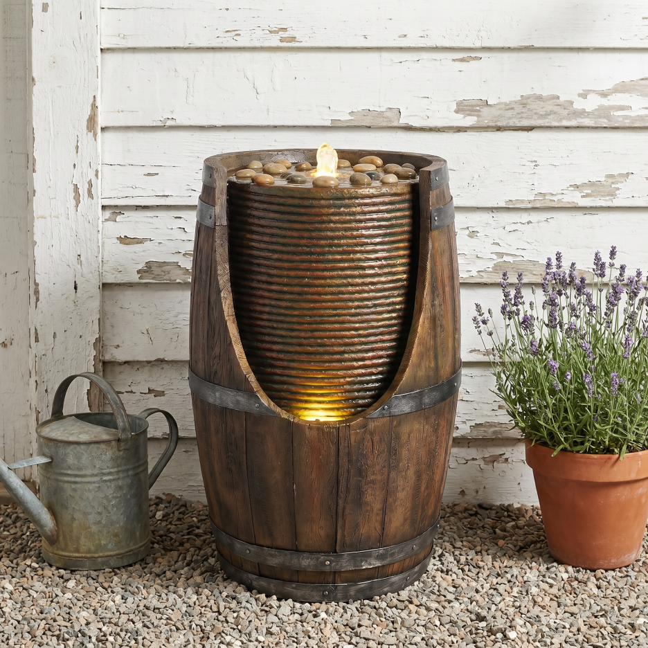 Outdoor Barrel Water Fountain With Lights Rustic Wood Look Resin Handmade Waterfall Garden Decor For Patio Yard Porch - view 9