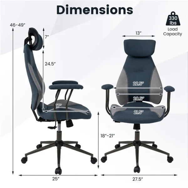 Gray Blue Color Blocking Office Chair With 2D Adjustable Headrest, Ergonomic High-Back Desk Chair 330 Lbs Capacity - view 3