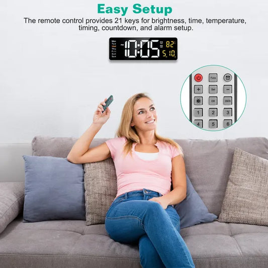 15.7in LED Digital Wall Clock With Remote Control 10 Level Brightness 3 Alarm Settings 12 24Hr Format Timing Countdown - view 2
