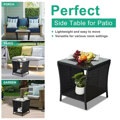 Outdoor Patio Wicker Side Table, Square End Table Bistro Coffee Table With Glass Top Storage Shelf For Porch Garden - view 5