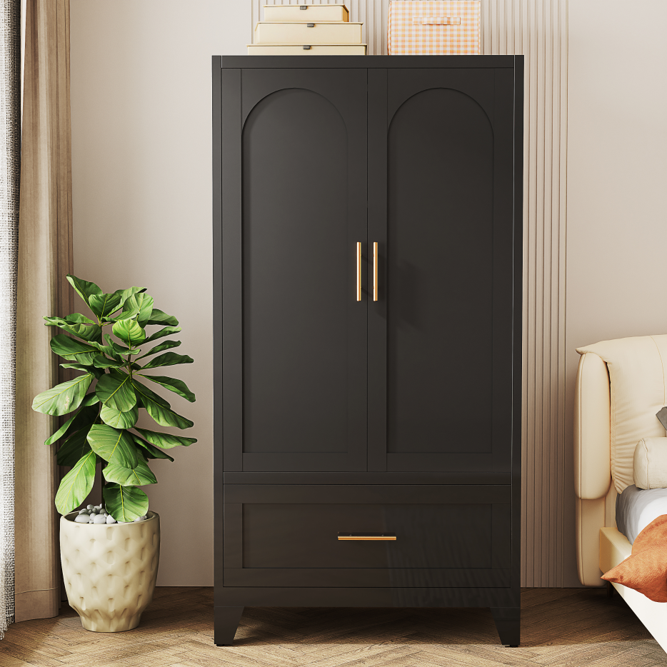 60inch Tall Metal Wardrobe Cabinet With 1 Drawer And Hanging Rod, 2 Doors Wardrobe Closet With Shelf For Bedroom - view 7