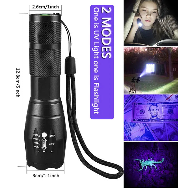UV Flashlight LED Torch Zoomable Ultra Violet Black White Dual Light Detector - view 3