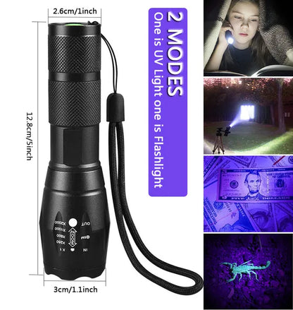 UV Flashlight LED Torch Zoomable Ultra Violet Black White Dual Light Detector - view 3