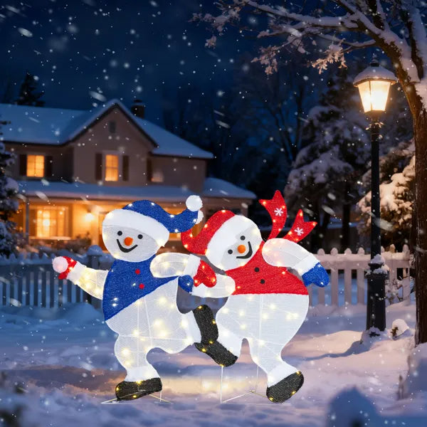 Set Of 2 Lighted Running Snowman Christmas Decorations, Pre-lit 2D Holiday Decor With 120 Warm White LED Lights - view 6