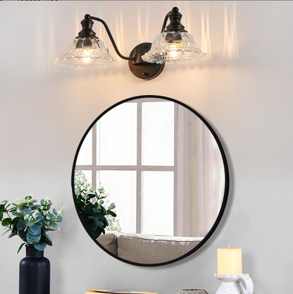 20 Inch 2-Light Vintage Bathroom Wall Sconce - Elegant Black Metal And Glass Lampshade Vanity Light Fixture - view 6