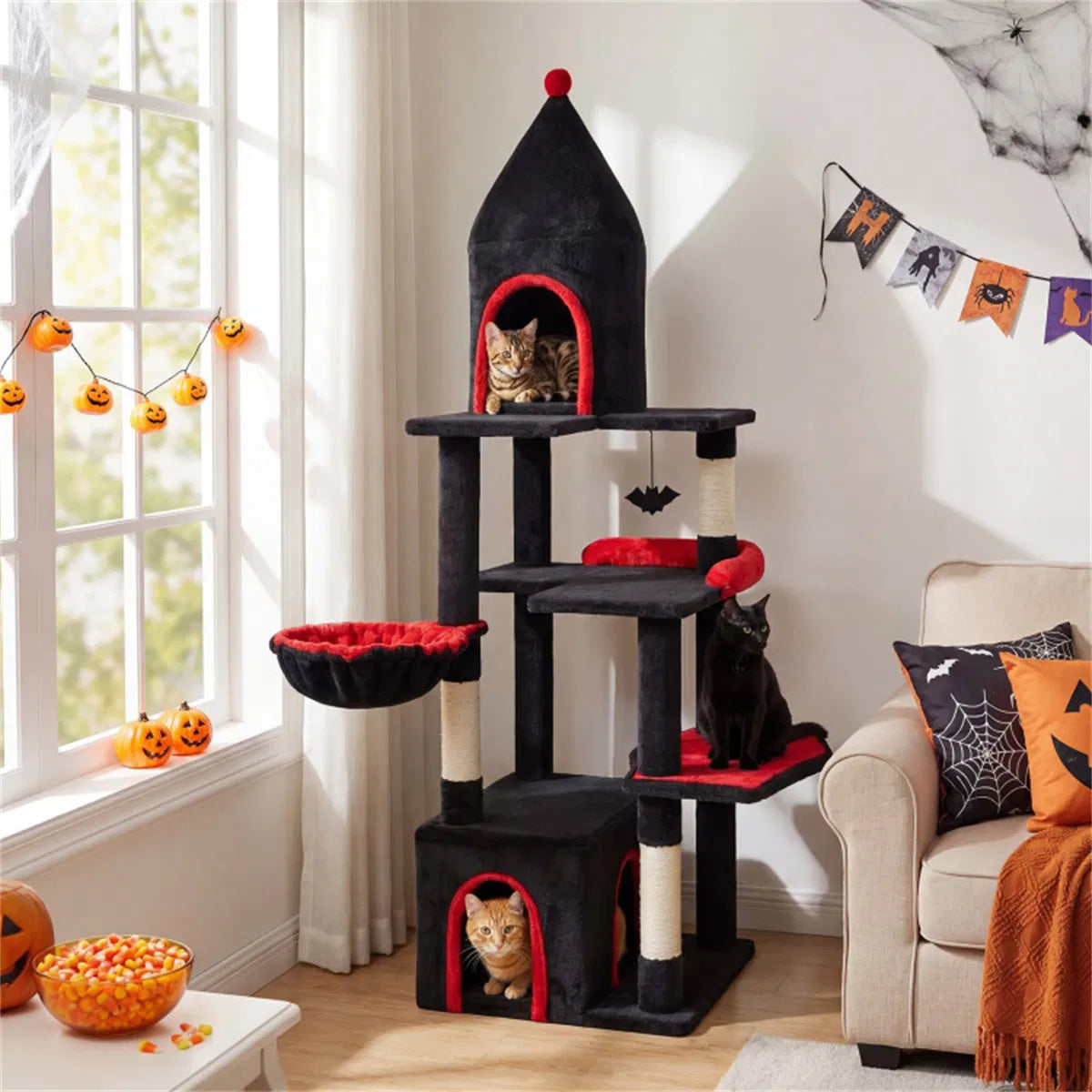 Gothic 5-Level Cat Tree 63" Tall with Sisal Scratching Posts Black Red Cat Tower - view 8