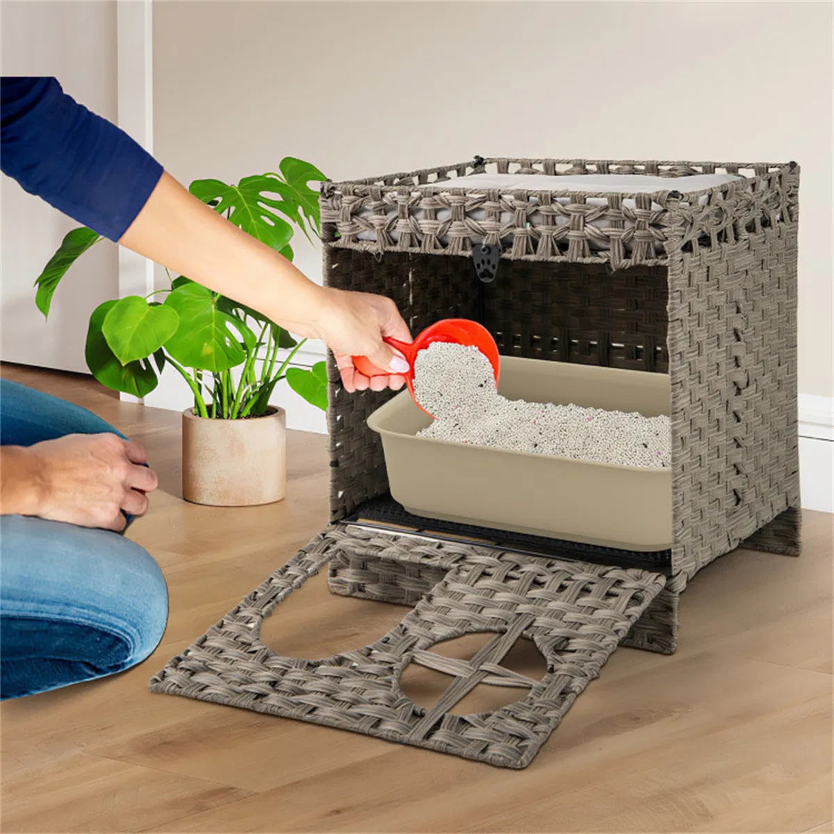 2-Tier Wicker Cat Condo with Litter Mat - Hidden Litter Box Enclosure, Detachable Washable Cushion, Gray Rattan - view 2