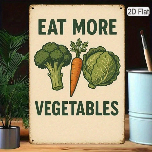 Retro Eat More Veggies Metal Tin Sign, 8x12 Inch 1PC 2D Flat Green Carrots Lettuce Vegetables Pattern Inspirational