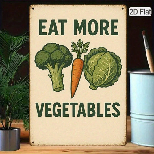 Retro Eat More Veggies Metal Tin Sign, 8x12 Inch 1PC 2D Flat Green Carrots Lettuce Vegetables Pattern Inspirational
