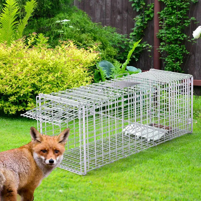 Live Animal Trap Cage 37x14x15in Folding Catch And Release Humane Cat Trap Galvanized Iron For Raccoons Foxes Coyotes - view 4