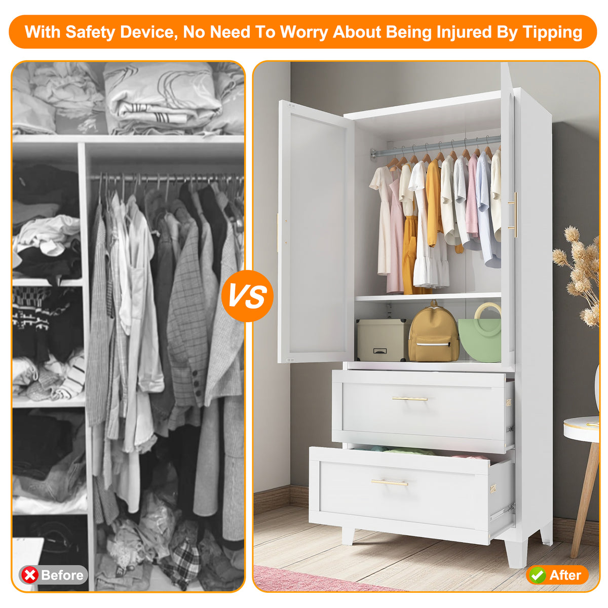 71inch Tall Metal Wardrobe Cabinet With 2 Drawers And Hanging Rod, 2 Doors Wardrobe Closet With Shelf For Bedroom - view 5