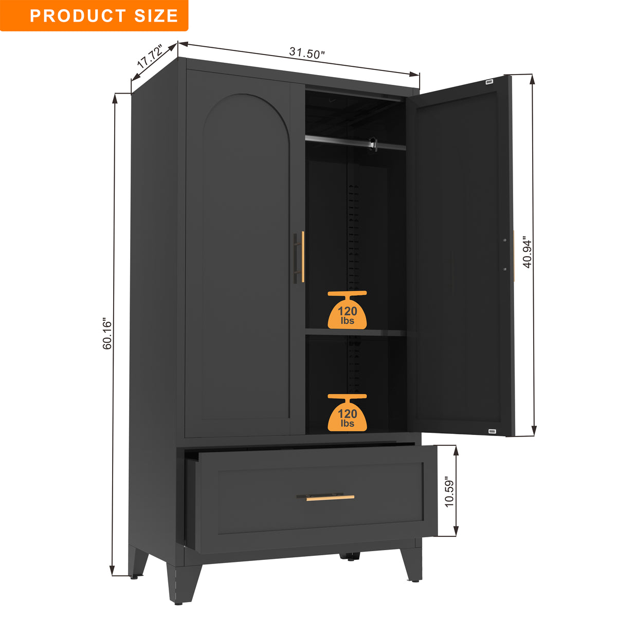 60inch Tall Metal Wardrobe Cabinet With 1 Drawer And Hanging Rod, 2 Doors Wardrobe Closet With Shelf For Bedroom - view 9