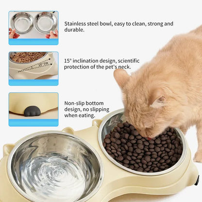 Anti Slip Base Double Cat Food Bowl, Yellow Stainless Steel Food And Water Bowl, Easy To Clean And Detachable Design - view 4