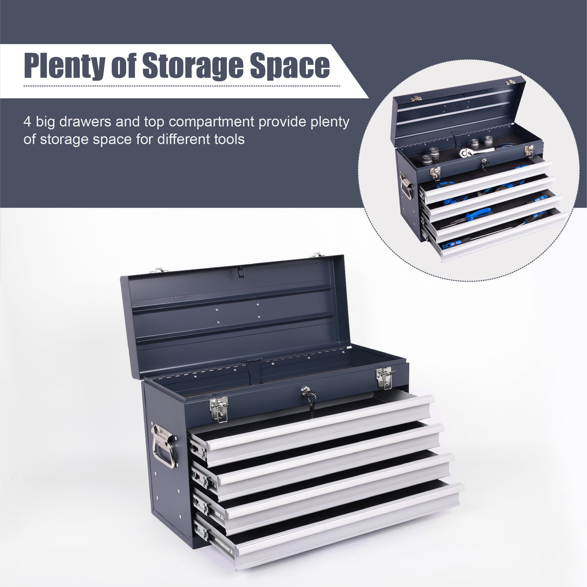 Heavy Duty Metal Tool Box, 21-inch, Portable Metal Tool Box With 4 Drawers, Small Tool Chest With EVA Liners - view 3