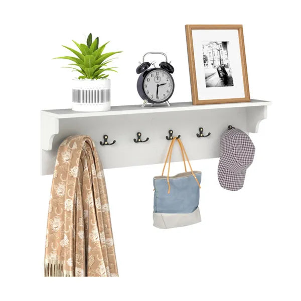Wall Mount Coat Rack With Shelf - 31.5" x5.5" x8", 6 Hooks & 110LBS Capacity (White)