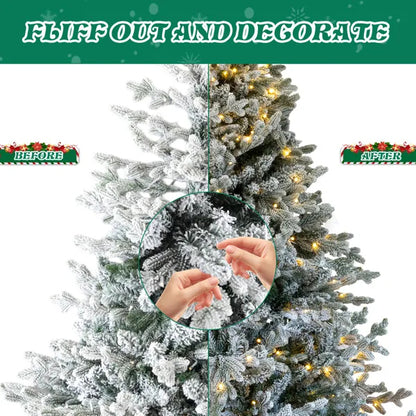 7 FT Pre-lit Snow Flocked Christmas Tree, Artificial Hinged Xmas Pine Tree With 1100 Branch Tips - view 3