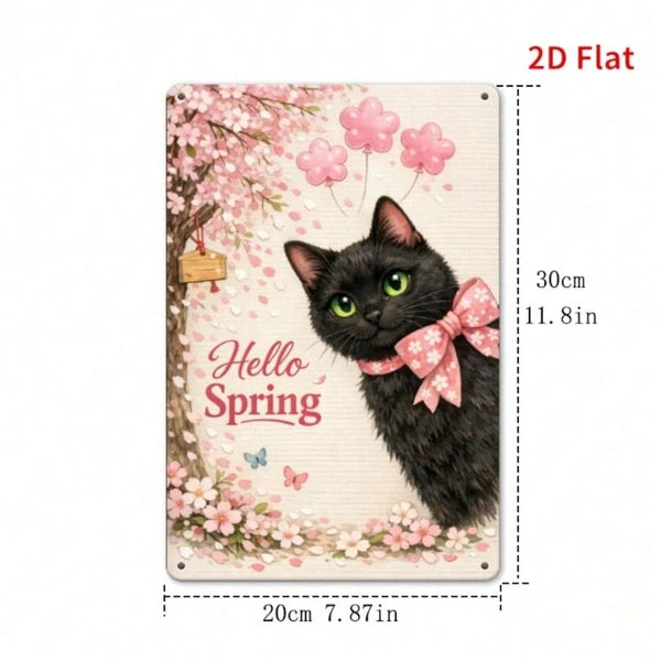 Hello Spring Cherry Blossom Black Cat Metal Plaque, Vintage 2D Flat Print Wall Art
