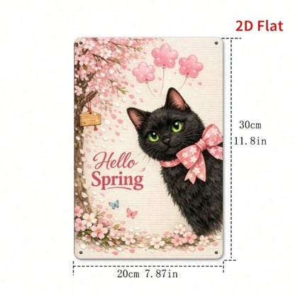 Hello Spring Cherry Blossom Black Cat Metal Plaque, Vintage 2D Flat Print Wall Art
