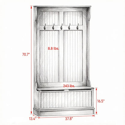 Black 3-In-1 Entryway Bench Coat Rack Hall Tree with Shoe Storage 5 Hooks for Hallway - Bench And Storage Furniture - view 5