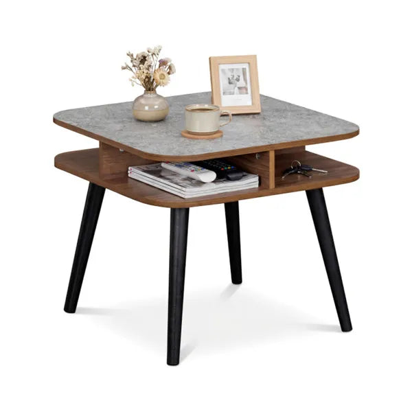 Faux Marble Side Table With 4-Sided Storage Shelves, 24" Square End Table For Living Room Bedroom