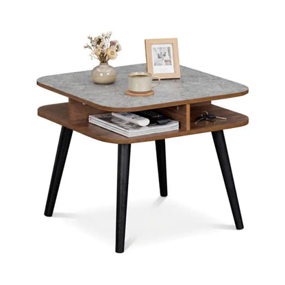 Faux Marble Side Table With 4-Sided Storage Shelves, 24" Square End Table For Living Room Bedroom