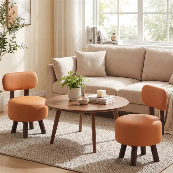 2-Piece Orange Small Footstools, Faux Leather Upholstery & Solid Rubber Wood Legs, 330LBS Load Capacity - view 5