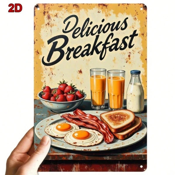 1PC 8x12 Inch Vintage Metal Sign, Fried Eggs Bacon Toast Breakfast Wall Art, Waterproof Rustproof Iron Plaque - view 3
