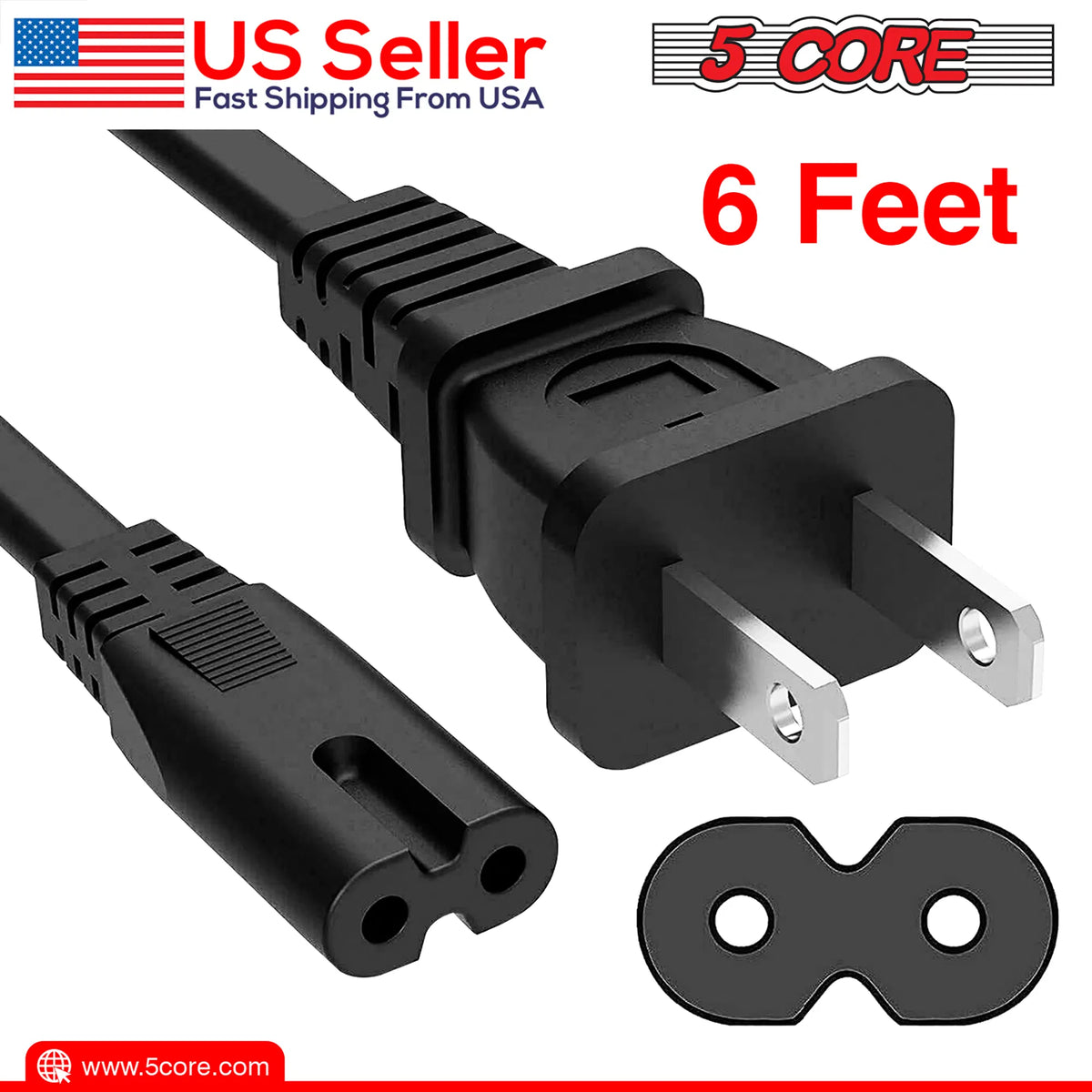 5 Core AC Power Cord 6 Ft ? 2 Prong US Male to Female Extension Adapter ? 16AWG/2C 125V 13A 1/2/5 Pc - PP 1001 - view 2