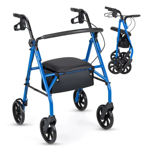 2-in-1 Rollator Walker With Seat (Blue), 8-Inch Large Wheels & Versatile Braking System, Adjustable Height