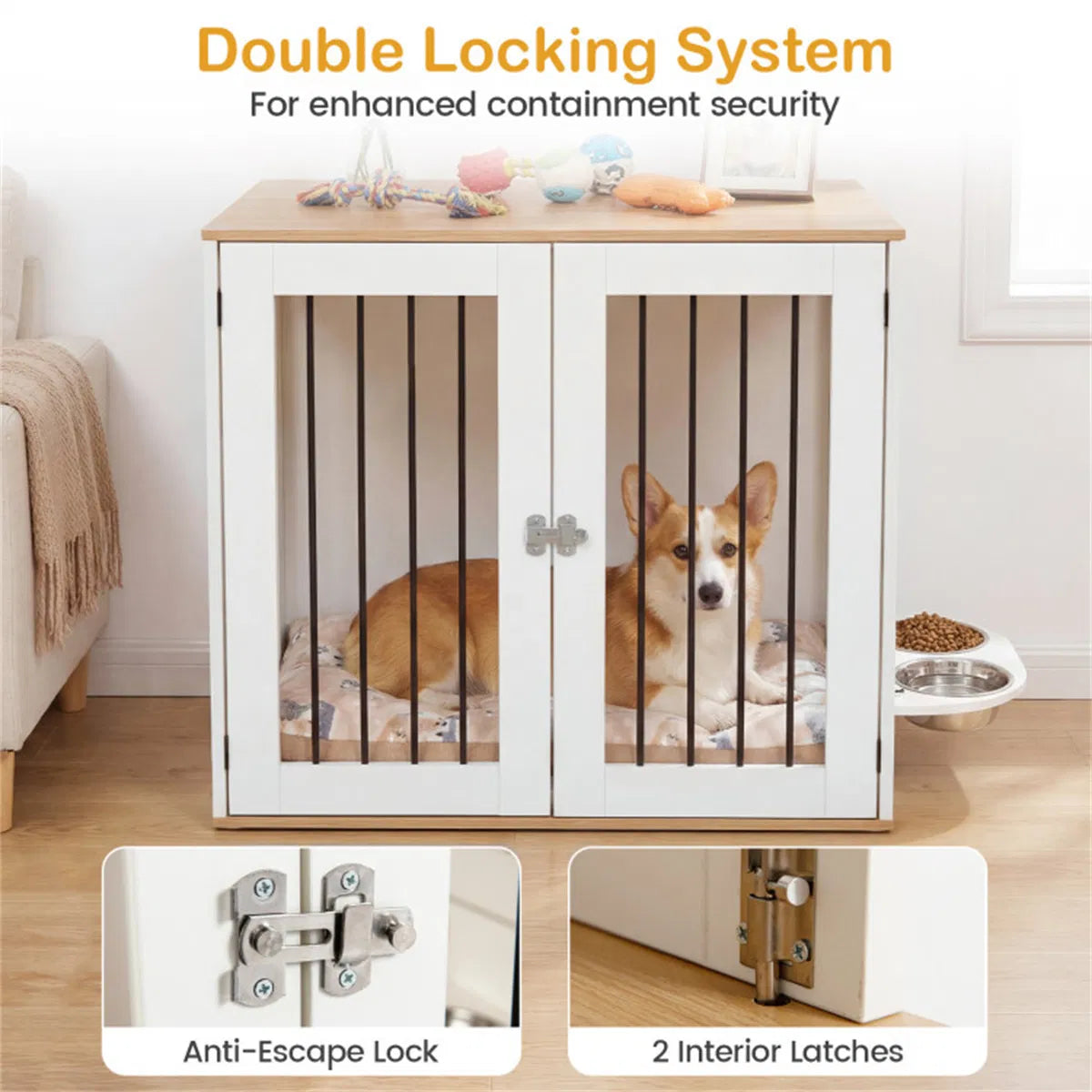 Furniture Style Dog Crate with 360° Rotating Feeder & 304 Stainless Steel Bowls, Double Locking Indoor Dog Kennel - view 5